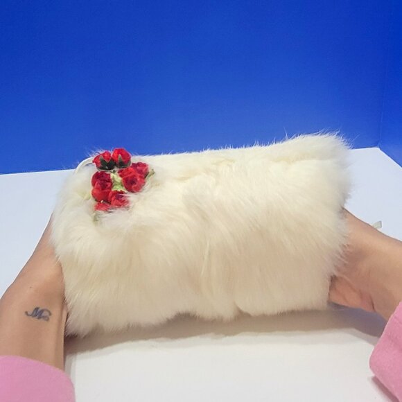 Vintage Small White Furry Muff with Red Velvet Flowers - Picture 8 of 8